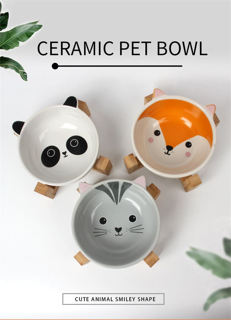 Buy Cartoon Ceramic Pet Bowl Bamboo And Wooden Frame Supporting Cat