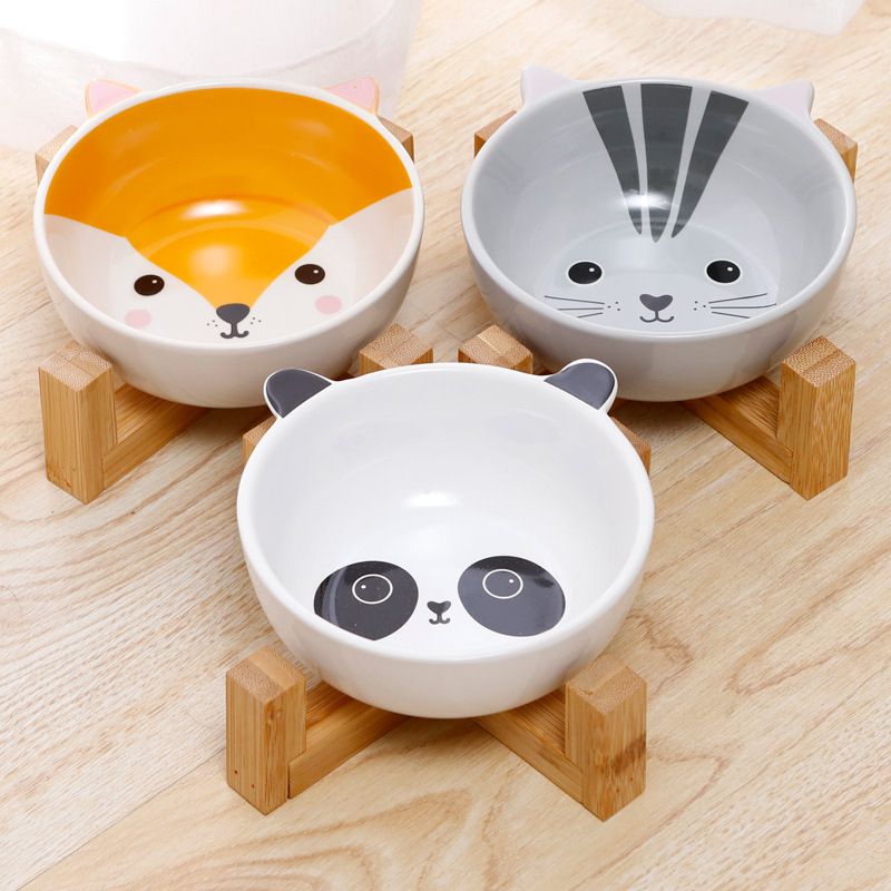 Buy Cartoon Ceramic Pet Bowl Bamboo And Wooden Frame Supporting Cat