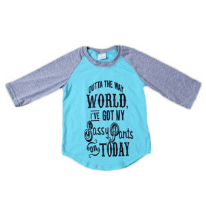 New Style Girls Gray With Blue Vinyl Print Words Designs Raglan T