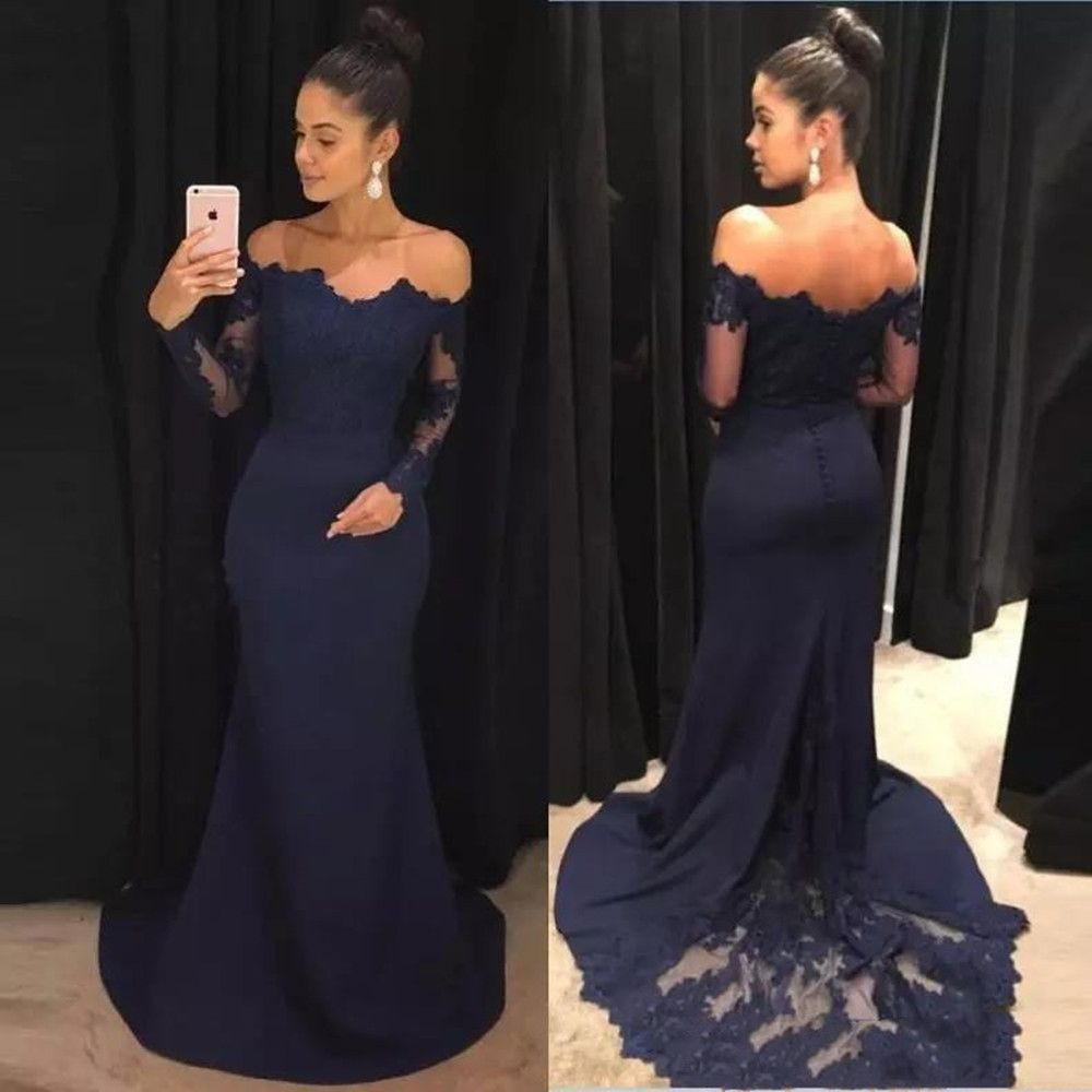 Free Shipping Navy Blue 2020 Mermaid Evening Dresses Lace Long Sleeves Prom Gowns Off The Shoulder Sweep Train Bridesmaid Dress Free Shipping Navy Blue 2020 Mermaid Evening Dresses Lace Long Sleeves