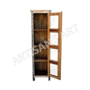 Whitewashed Reclaimed 1 Door Glass Display Cabinet Hand Finished Antique Wooden Glass Cabinet Design Indian Furniture Whitewashed Reclaimed 1 Door Glass Display Cabinet Hand Finished Antique Wooden Glass Cabinet Design Indian
