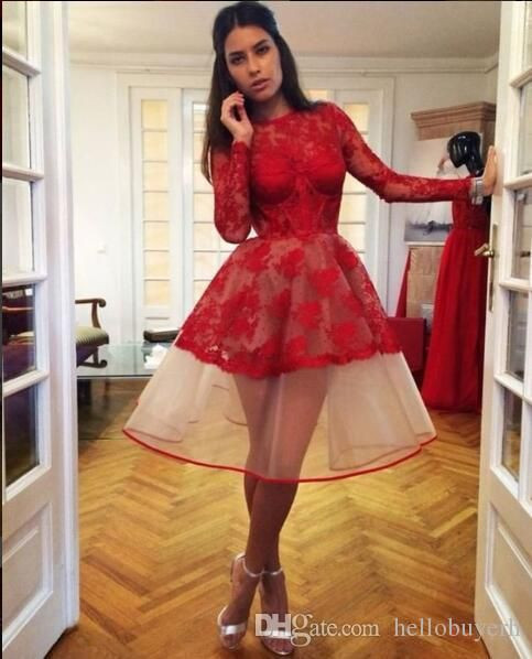 A Line Red Lace Long Sleeves Cocktail Party Tradewheel